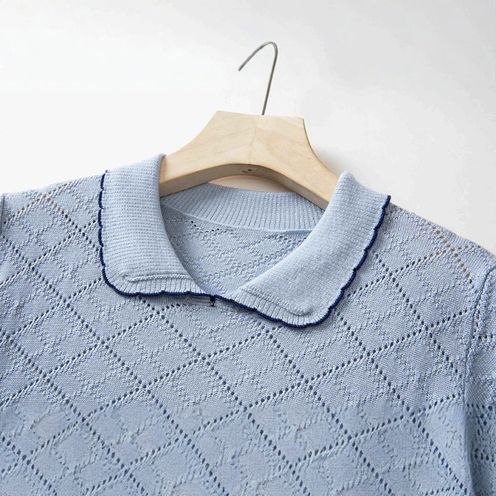 Women's short sleeve fine knit pullover with Peter Pan collar, eyelet diamond pattern and fine contrast edge Mune Fashion