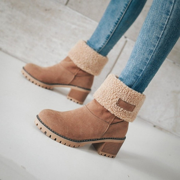 Women Insulated Ankle Boots made of Suede Imitation with Folded Sherpa, Block Heel and Profiled Lug Sole Mune Fashion