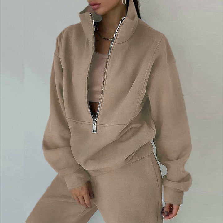 Women's Oversized Half-Zip Sweatshirt with High Stand Collar and Concealed Kangaroo Pocket Mune Fashion
