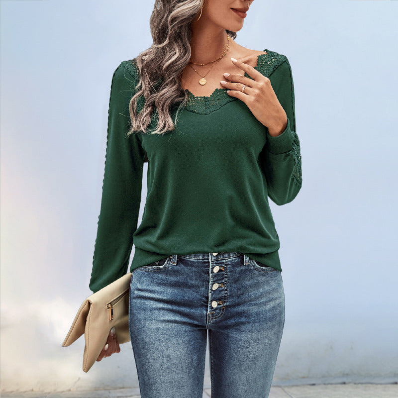 Ladies Elegant Knit Top with Lace Accents Mune Fashion