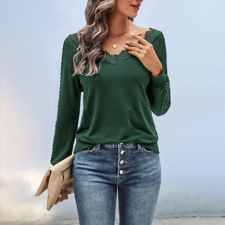 Ladies Elegant Knit Top with Lace Accents Mune Fashion