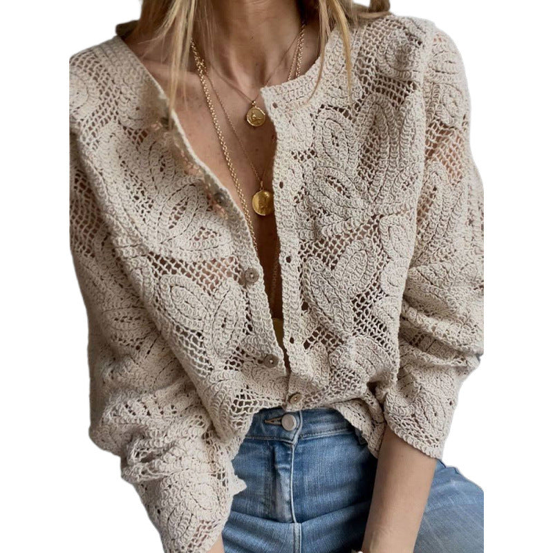 Women's Crochet Cardigan with Floral Openwork Pattern, Button Placket & Wavy Hem Mune Fashion