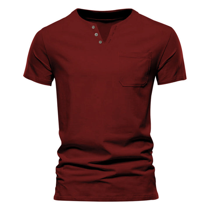 Men's tailored short sleeve Henley shirt with chest pocket and asymmetrical button placket Mune Fashion
