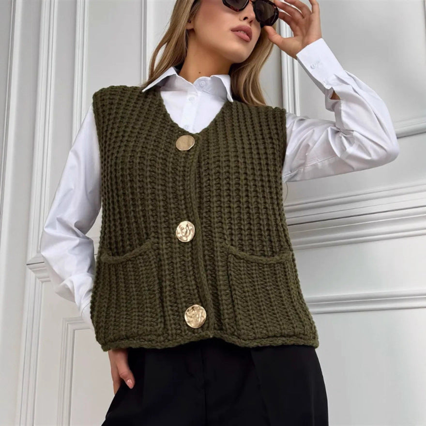 Women's Chunky Knit Cropped Vest with V-Neck and Gold Decorative Buttons Mune Fashion