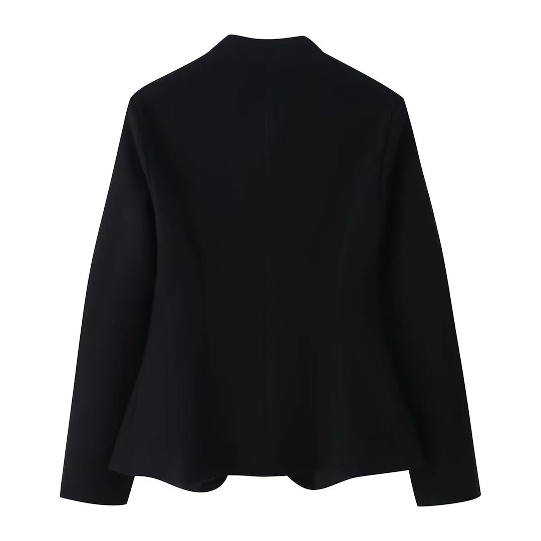 Women's fitted blazer without lapels featuring decorative gold buttons and rounded hem Mune Fashion