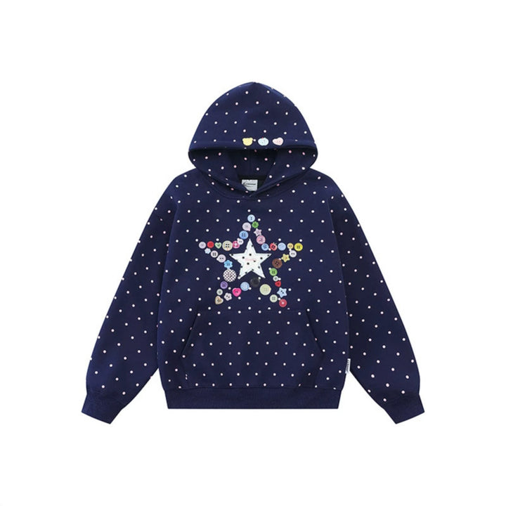 Women's hoodie with button star appliqué, allover polka dot and kangaroo pocket Mune Fashion