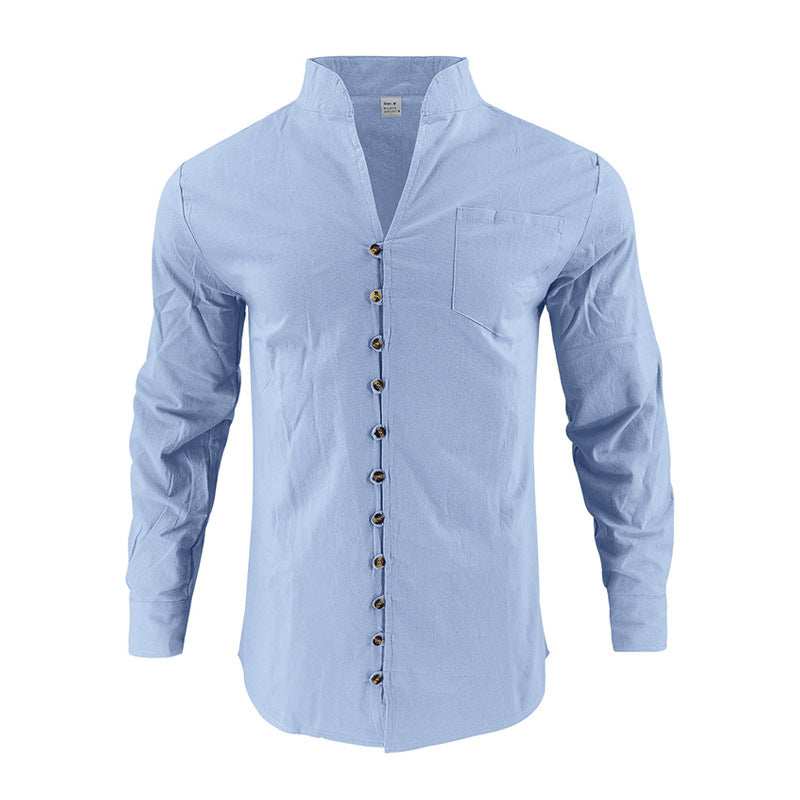 Men's shirt with stand-up collar and asymmetrical button placket made of linen mix Mune Fashion