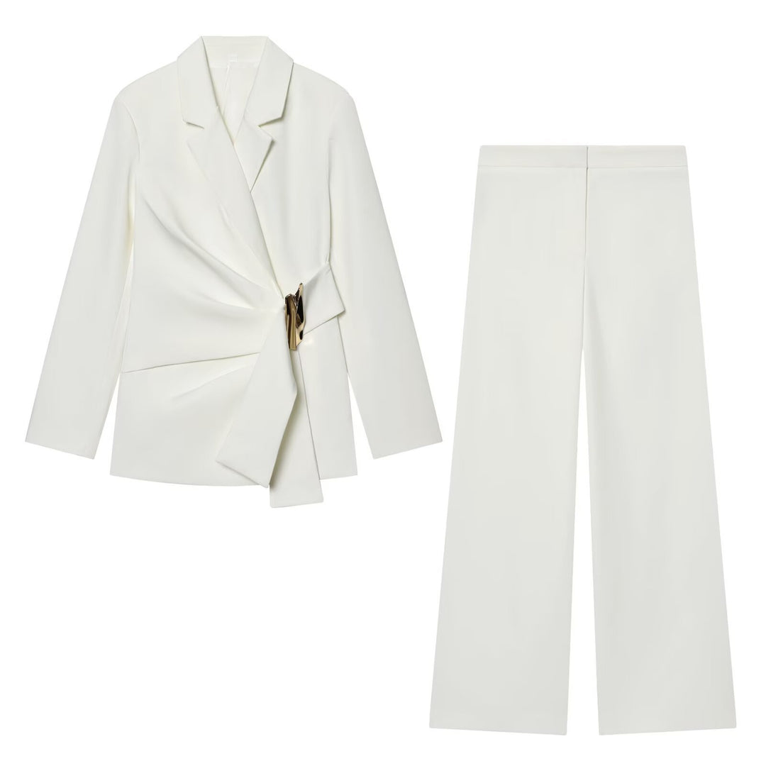 Women's Two-Piece Wrap Blazer and Palazzo Suit Set with Decorative Belt Mune Fashion