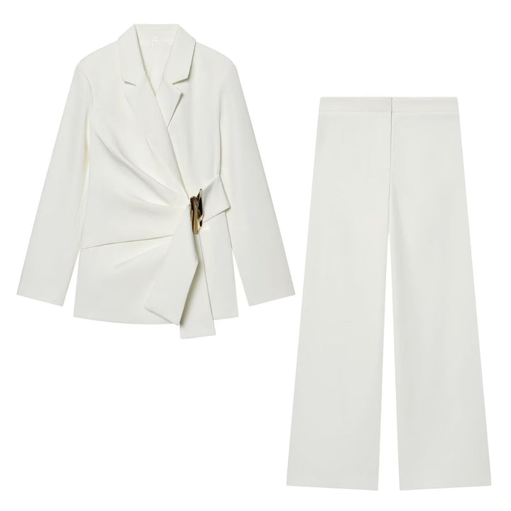 Women's Two-Piece Wrap Blazer and Palazzo Suit Set with Decorative Belt Mune Fashion