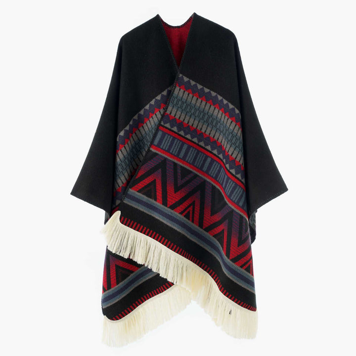 Women's Woven Ethno-Poncho with Fringes and Jacquard Pattern Mune Fashion