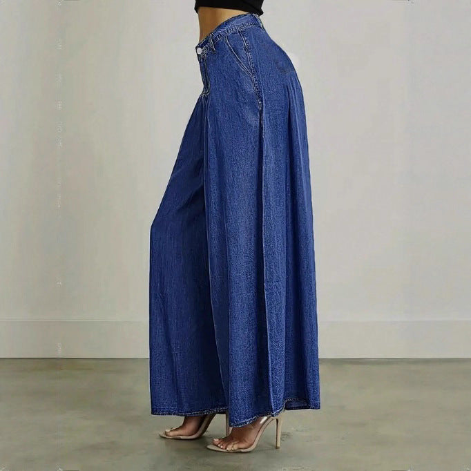Women Extra Wide High-Waist Denim Palazzo Pants with Flowing A-Line Fall Mune Fashion