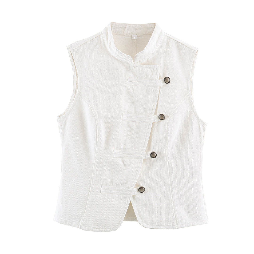 Women Tailored Vest with Mandarin Collar and Asymmetrical Loop Hook Closure Mune Fashion