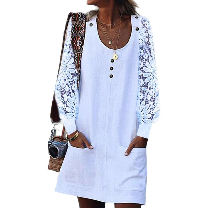 Women's relaxed linen mini dress with floral crochet sleeves, U-neckline and patch pockets Mune Fashion