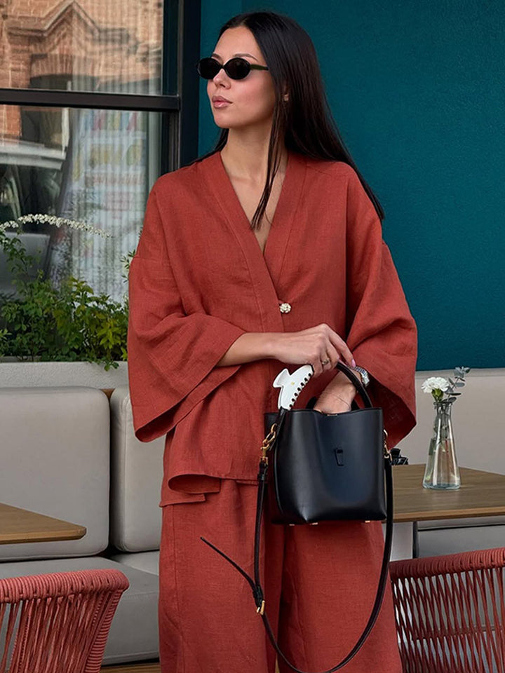 Women Casual Linen Look Two Piece with Kimono Blazer and Wide Palazzo Pants Mune Fashion