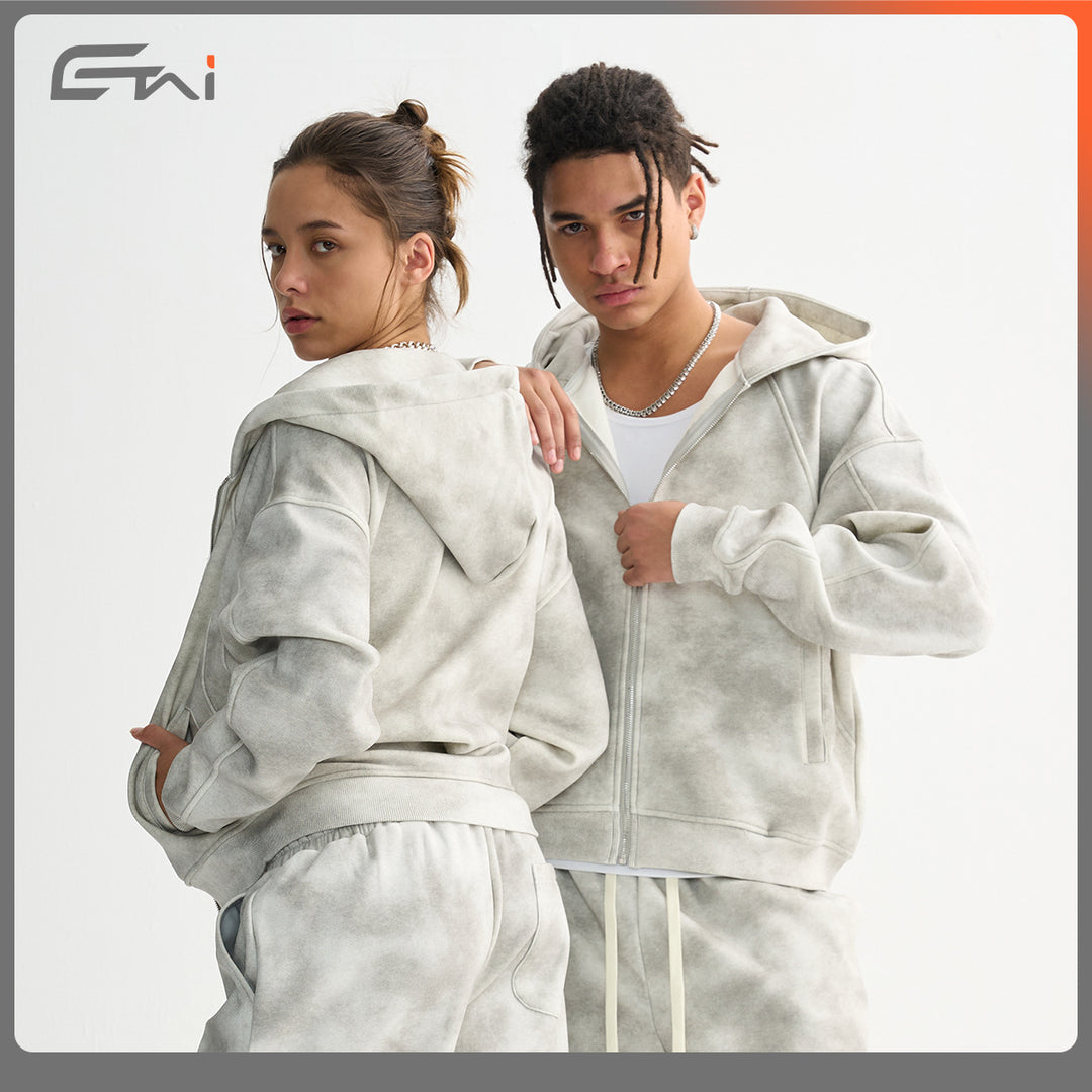 Unisex Boxy-Zip Hoodie with Fog Wash and Raglan Sleeves Mune Fashion