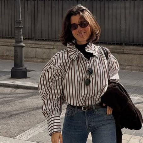 Women Striped Oversized Blouse with Ruffled Collar & Voluminous Puff Sleeves Mune Fashion