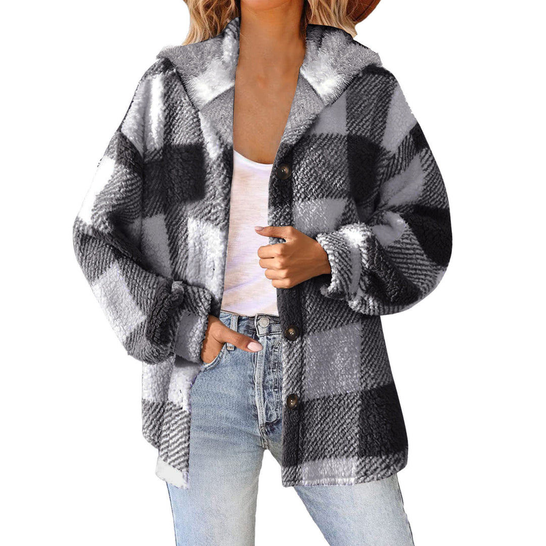 Women's fluffy checked teddy jacket with hood, button closure and oversized fit Mune Fashion