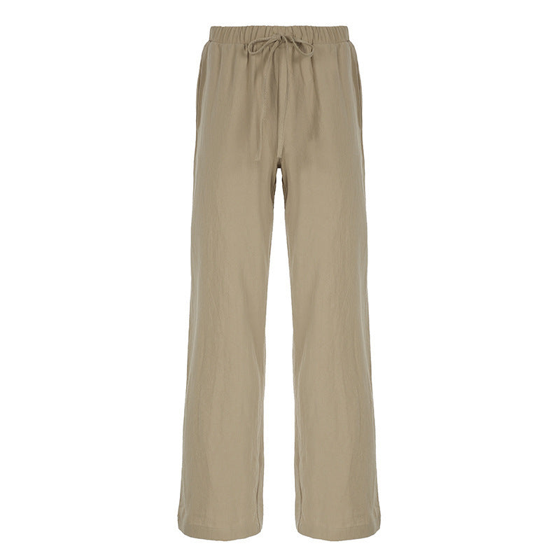 Ladies Lightweight Linen Trousers with Wide Leg, Elastic Waistband and Drawstring Mune Fashion