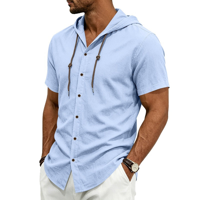 Men's short-sleeve hooded shirt in linen look with button placket and drawstring Mune Fashion