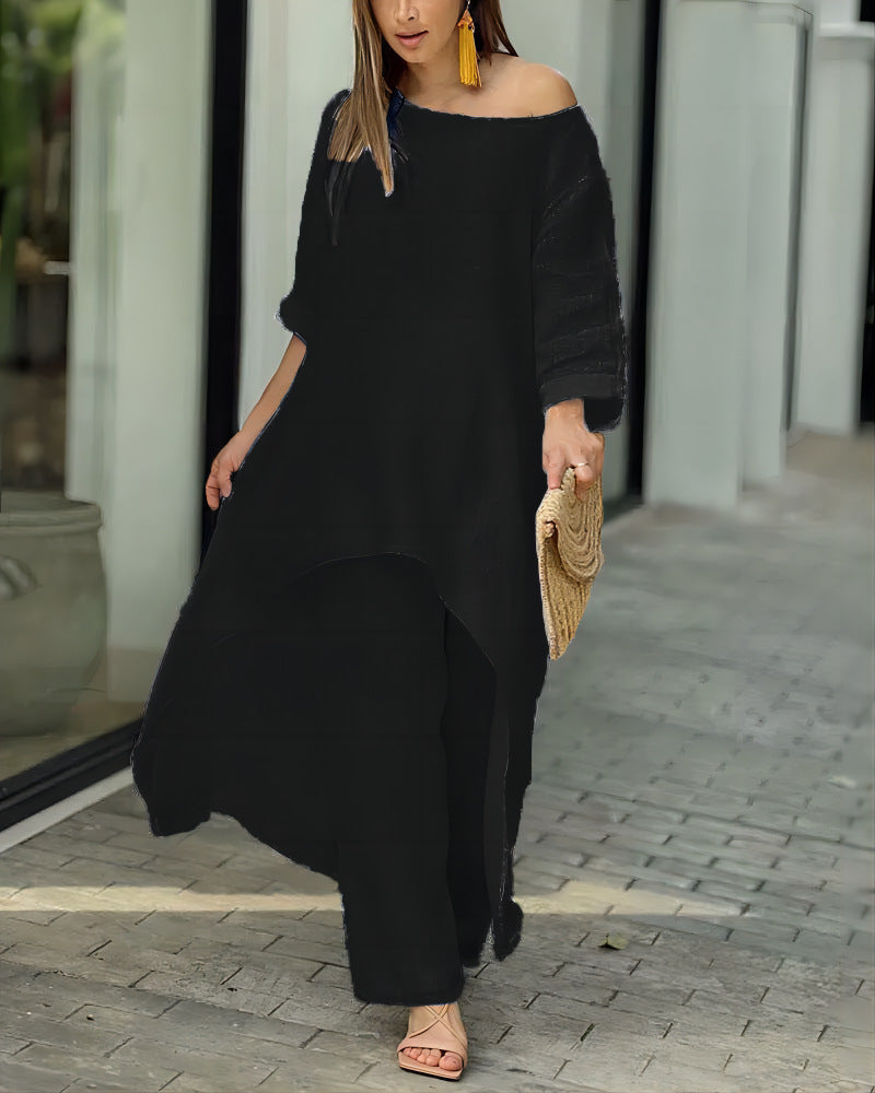 Women's oversized linen two-piece set with asymmetrical tunic and loose Marlene pants Mune Fashion