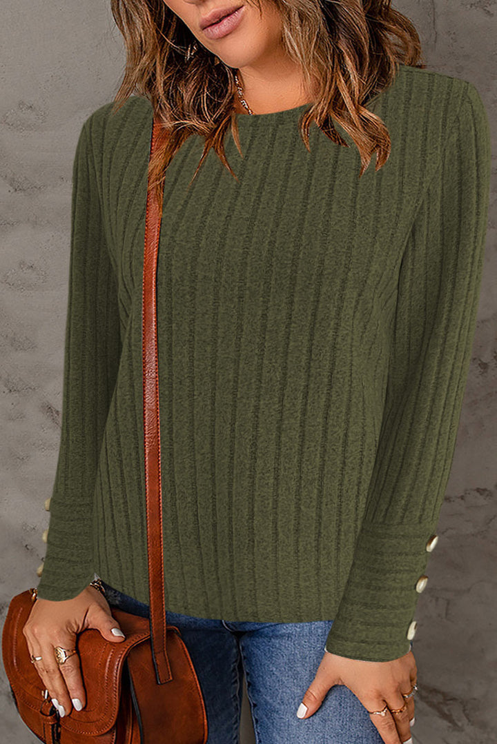 Women Ribbed Fine Knit Sweater with Round Neck and Mother of Pearl Button Cuffs Mune Fashion