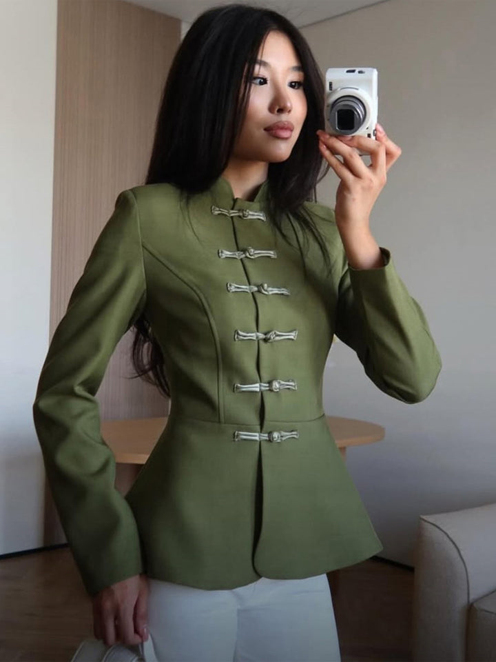 Women's Tailored Military-Inspired Jacket with Stand Collar, Drawstring Closures, and Peplum