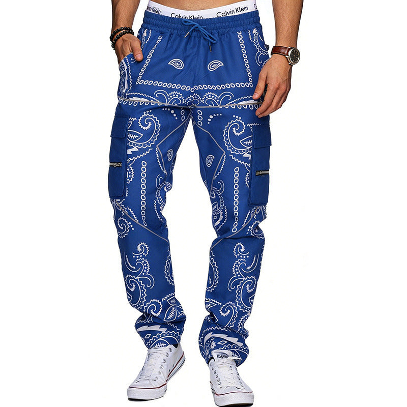 Men's cargo pants with bandana print, elastic waistband, and zipper pockets Mune Fashion