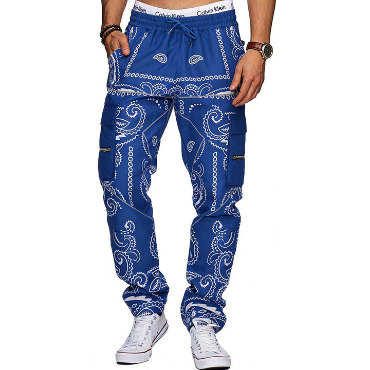 Men's cargo pants with bandana print, elastic waistband, and zipper pockets Mune Fashion
