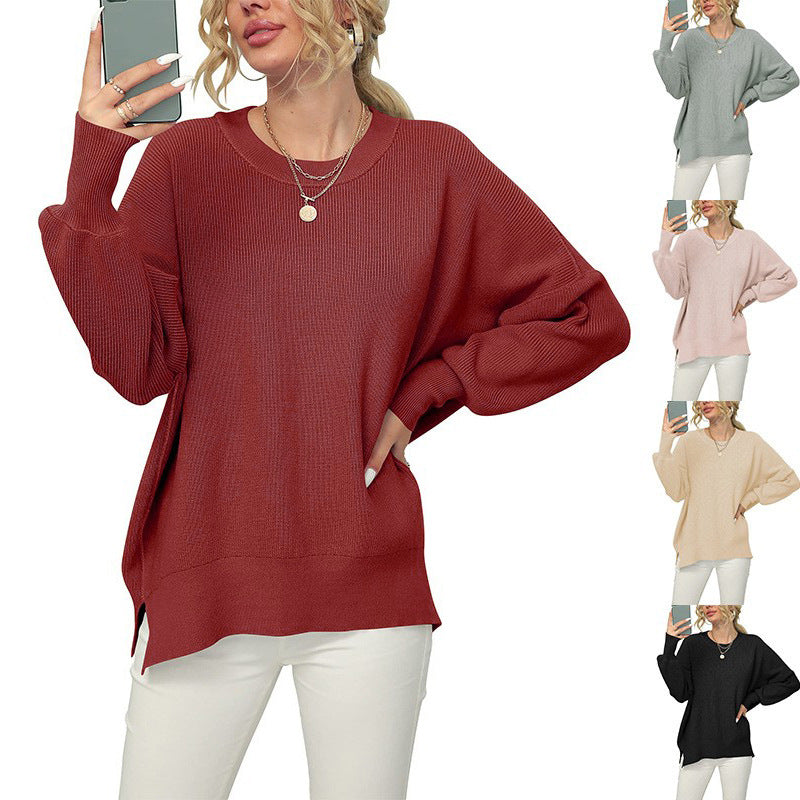 Women's Oversized Fine Knit Sweater with Round Neck, Dropped Shoulder and Side Slits Mune Fashion