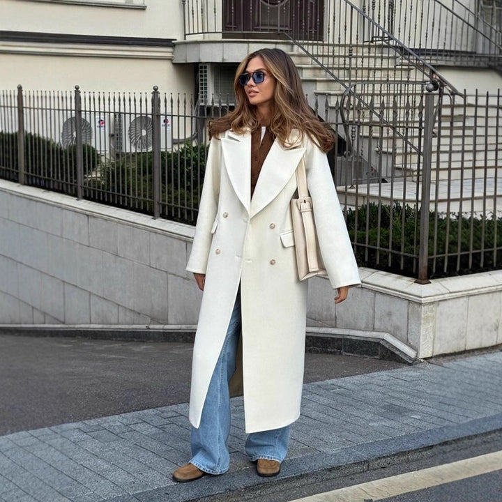 Women's Mid-length Double-breasted Wool Blend Coat with Distinctive Lapels and Tailored Fit Mune Fashion