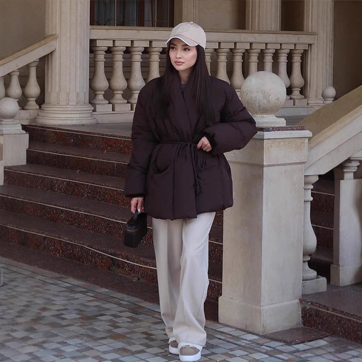Women's Quilted Tailored Quilted Jacket with Shawl Collar and Tie Belt Mune Fashion