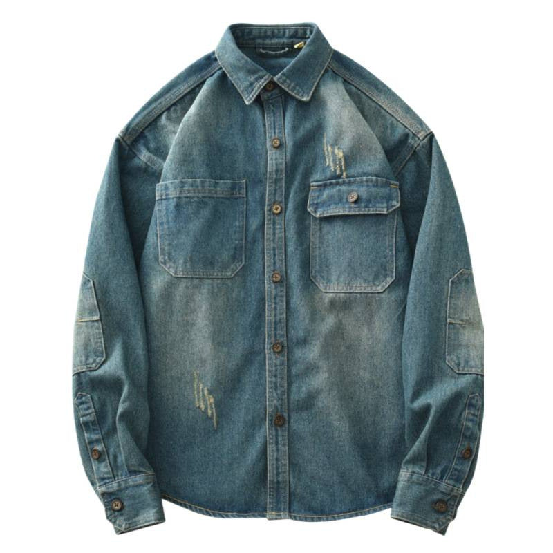 Men's denim shirt jacket in a used look with patch chest pockets and button placket Mune Fashion