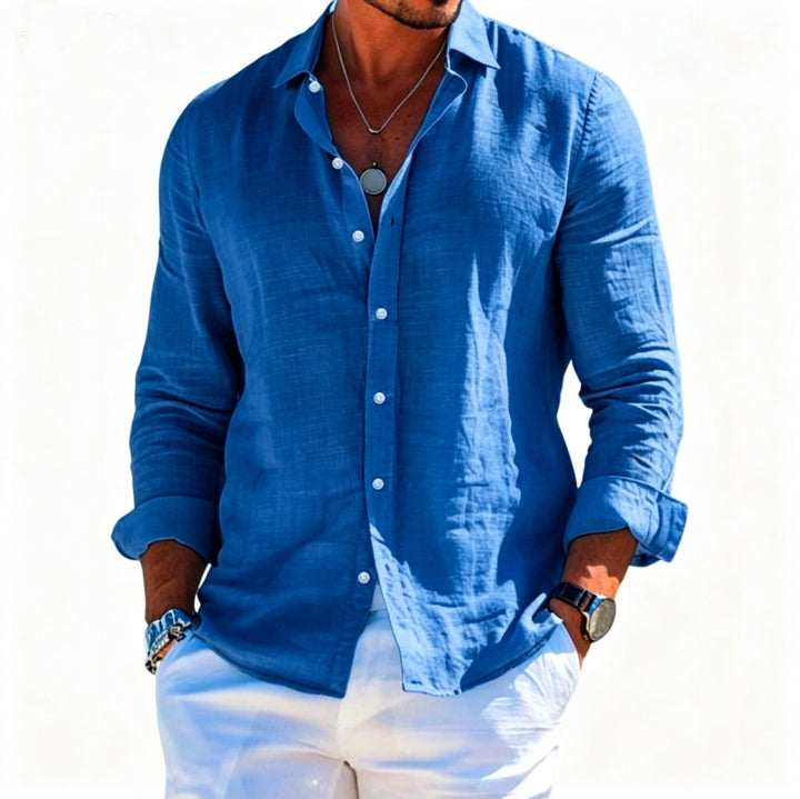 Men's structured linen shirt with open collar, lightweight texture and casual-tailored fit Mune Fashion