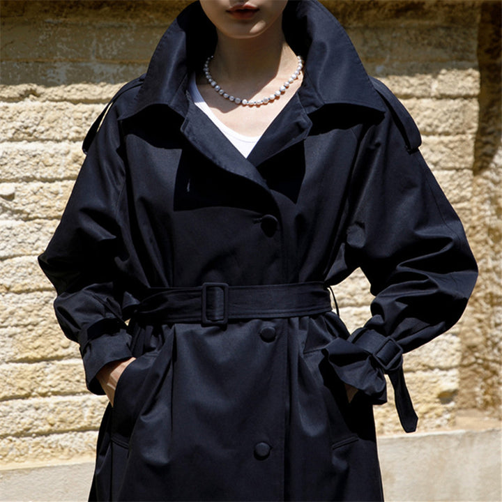 Women's Oversized Trench Coat with Wide Back Hem, Ties Belt and Storm Detail Mune Fashion