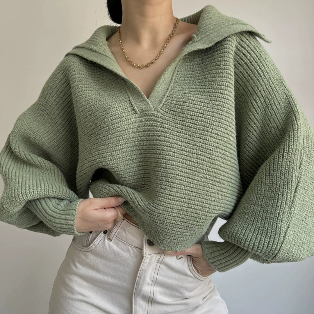 Women's chunky knit pullover with wide collar and V-neck Mune Fashion