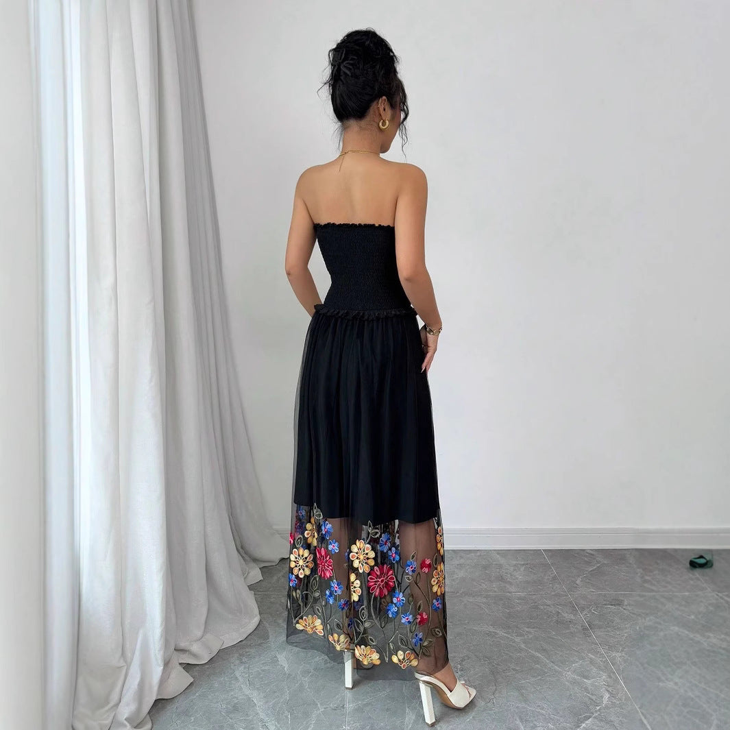 Women's off-shoulder midi dress with smocked top and embroidered tulle skirt Mune Fashion
