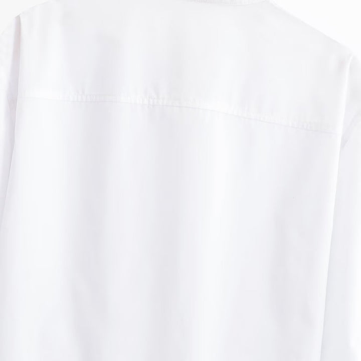 Women's short blouse with stand-up collar, cord corsage at the hem and voluminous sleeves Mune Fashion