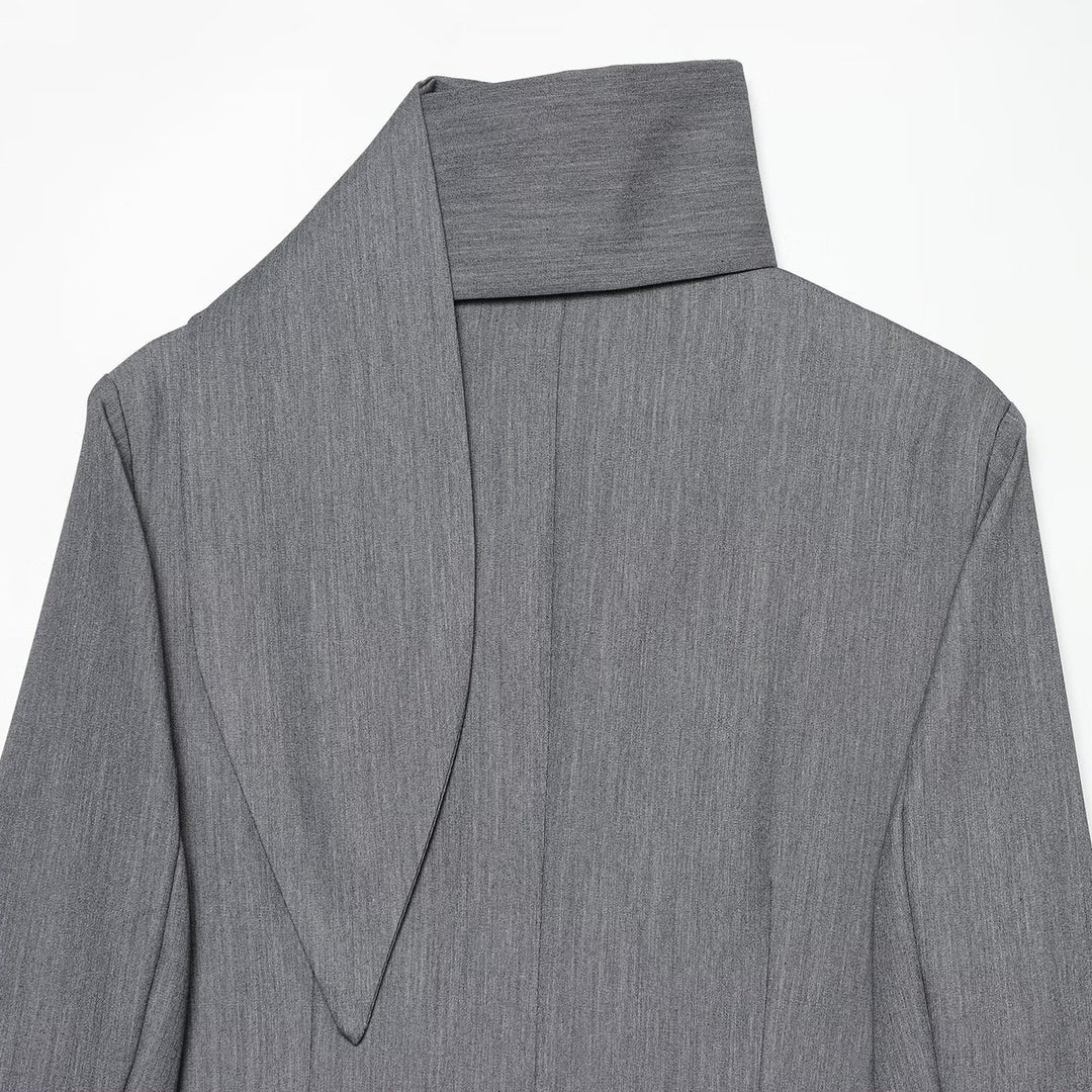 Women's Elegant Longline Blazer with High Funnel Collar and Overlapping Fabric Buttons Mune Fashion