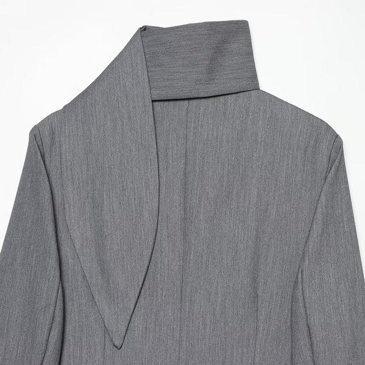 Women's Elegant Longline Blazer with High Funnel Collar and Overlapping Fabric Buttons Mune Fashion