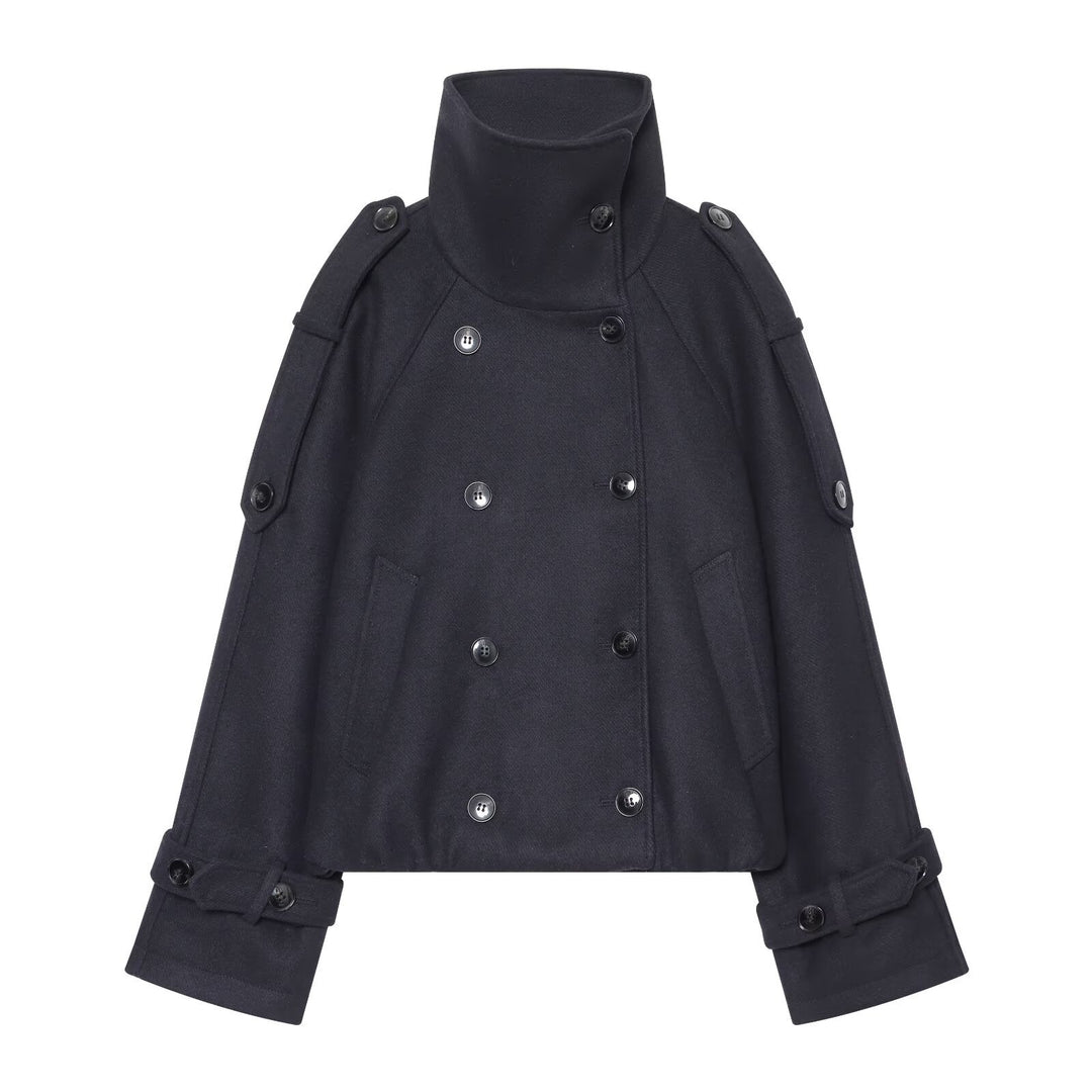 Women's Short Double-Breasted Cape Coat with High Stand Collar and Epaulettes Mune Fashion