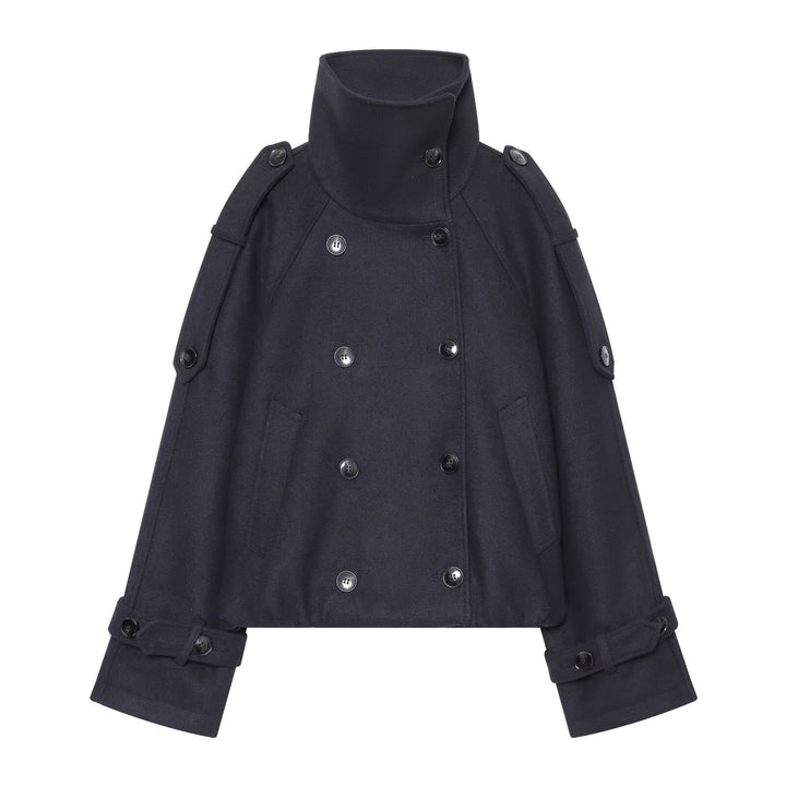 Women's Short Double-Breasted Cape Coat with High Stand Collar and Epaulettes Mune Fashion