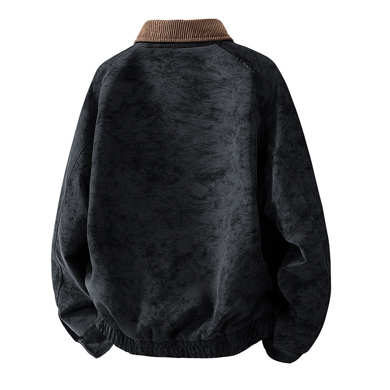 Men's Oversized Velour-Look Transitional Blouson with Shirt Collar, Zipper & Elastic Hem