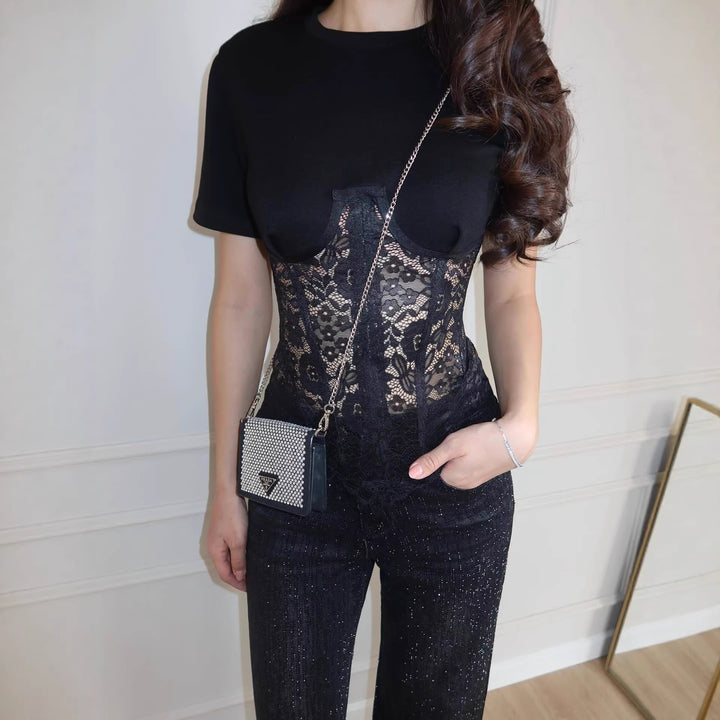 Women nan T-shirt with inserted lace corset and contoured underwire seam Mune Fashion