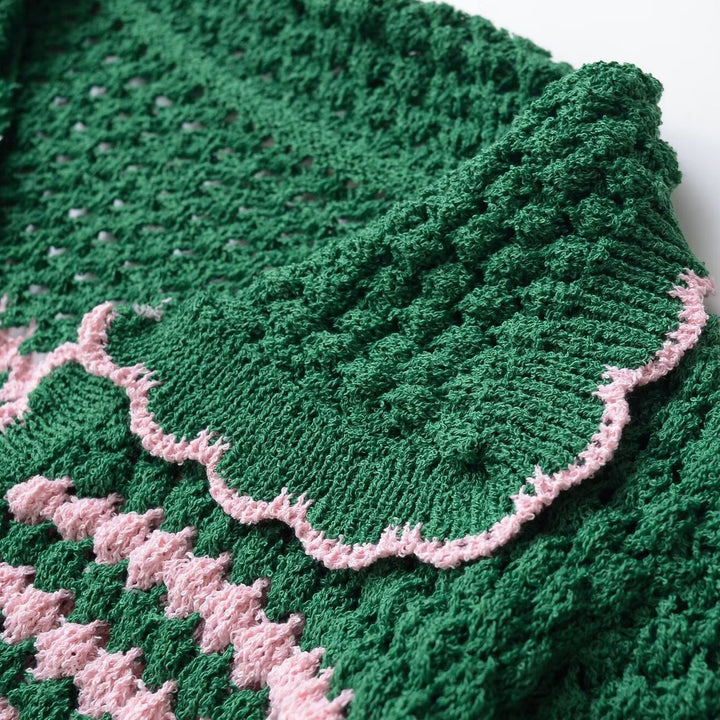 Women Short Crocheted Cardigan with Ruffled Collar and Contrast Stripes Mune Fashion