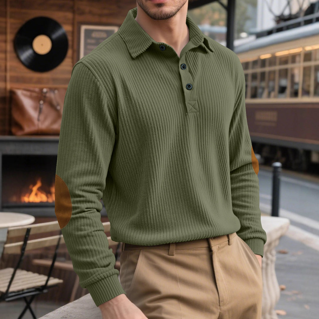Men's ribbed casual polo with kent collar, short button placket and velour elbow patches Mune Fashion