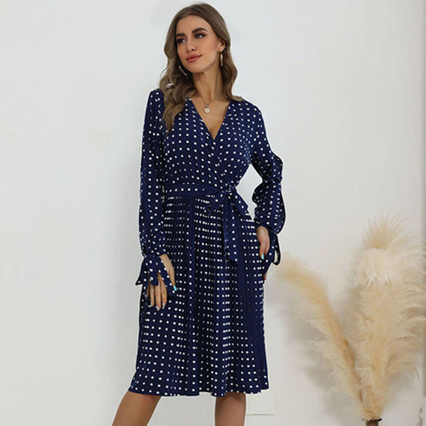 Ladies Polka Dot Wrap Dress with V-Neck, Tie Belt and Pleated Midi Skirt Mune Fashion