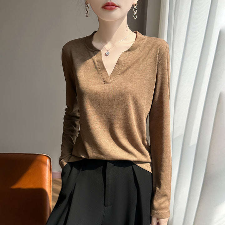 Women's Long-Sleeved Fine Knit Shirt with Slit V-Neck Mune Fashion