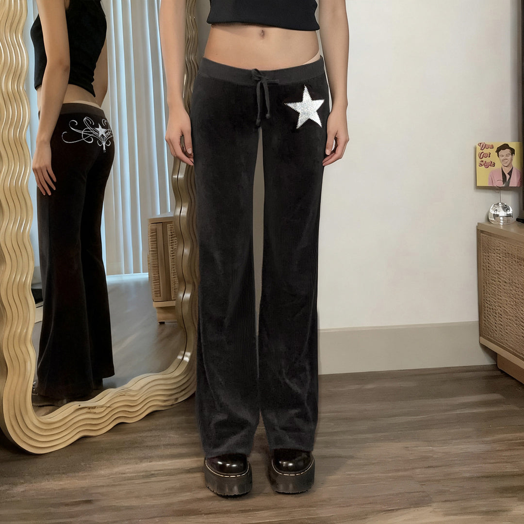 Women's soft velour flared pants with rhinestone decorative star and drawstring waistband Mune Fashion