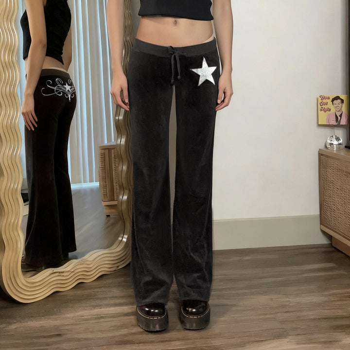 Women's soft velour flared pants with rhinestone decorative star and drawstring waistband Mune Fashion