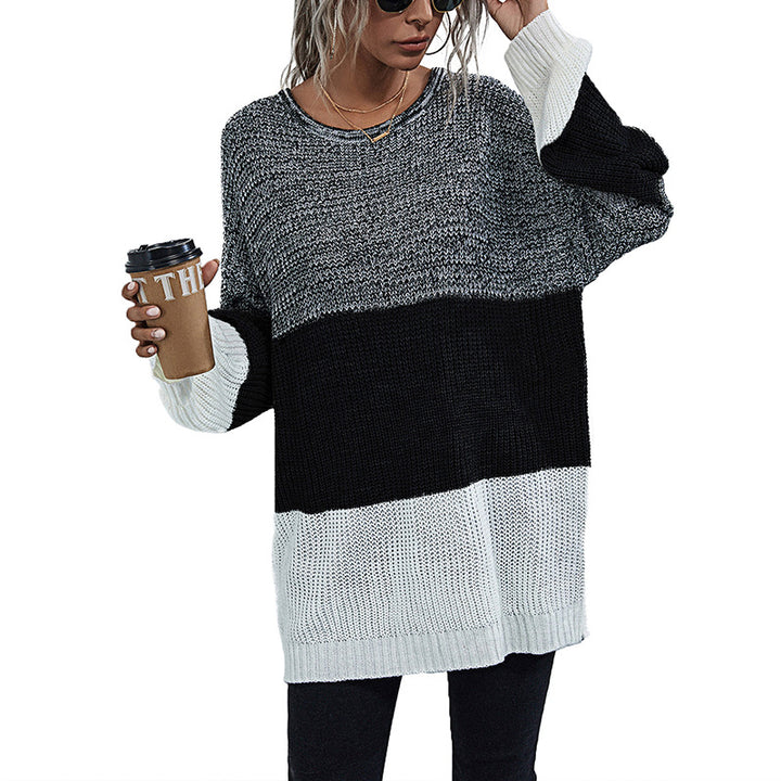 Women's Longline Chunky Knit Sweater with Color Block, Round Neck and Slightly Dropped Shoulder Mune Fashion